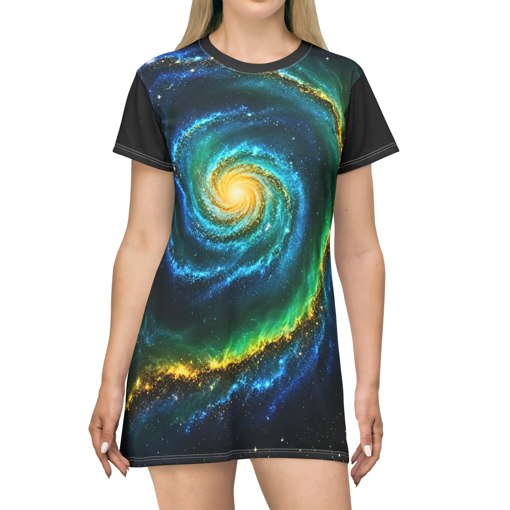 Golden Galactic Swirl T-Shirt Dress
