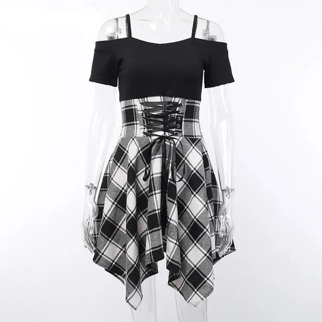Goth Grunge Plaid Harajuku Patchwork Strap Vintage Dress