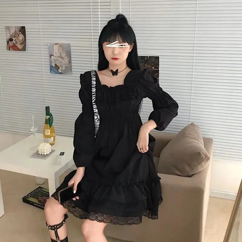 Gothic Black Lace Ruffle Dress For Girls Princess Party Ruched Fairy Grunge Long Sleeve Dresses Woman Fashion Korean