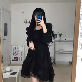 Gothic Black Lace Ruffle Dress For Girls Princess Party Ruched Fairy Grunge Long Sleeve Dresses Woman Fashion Korean