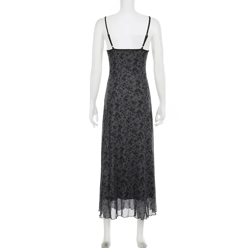 Gothic Vintage Flowers Printed Strap Mesh Dress Grunge 90 Aesthetic Frill Summer Long Dress Women Boho Lace Trim Chic