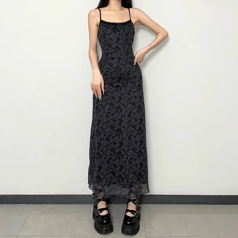 Gothic Vintage Flowers Printed Strap Mesh Dress Grunge 90 Aesthetic Frill Summer Long Dress Women Boho Lace Trim Chic