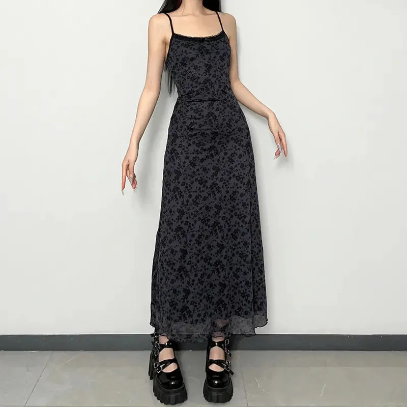 Gothic Vintage Flowers Printed Strap Mesh Dress Grunge 90 Aesthetic Frill Summer Long Dress Women Boho Lace Trim Chic