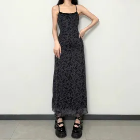 Gothic Vintage Flowers Printed Strap Mesh Dress Grunge 90 Aesthetic Frill Summer Long Dress Women Boho Lace Trim Chic