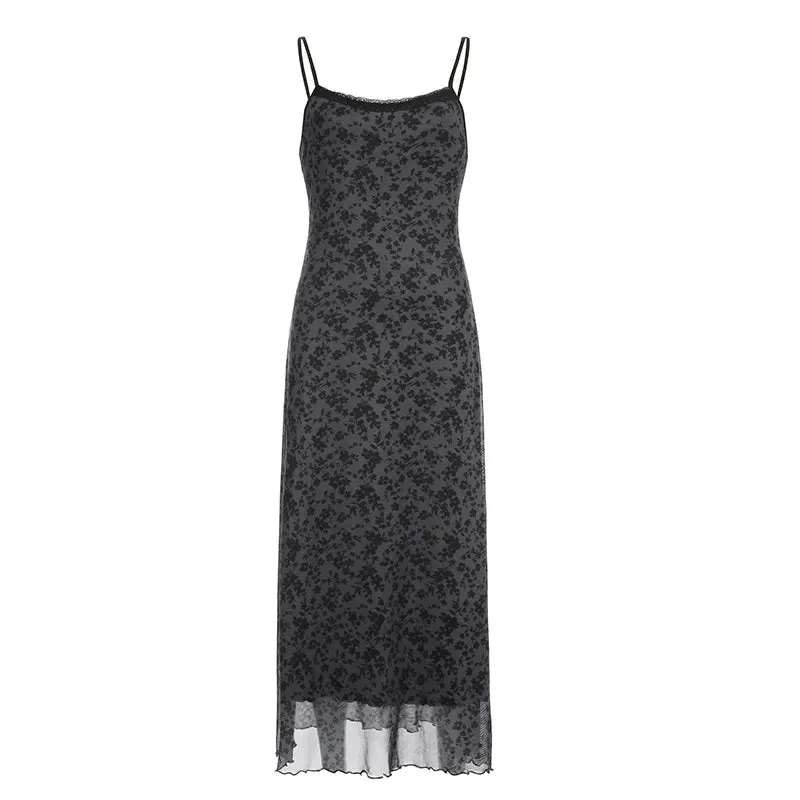 Gothic Vintage Flowers Printed Strap Mesh Dress Grunge 90 Aesthetic Frill Summer Long Dress Women Boho Lace Trim Chic