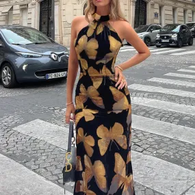 Grunge Fairycore Butterfly Printed Mesh Dress Women Backless Halter Neck Vintage Sexy Long Dress Summer Holidays Chic