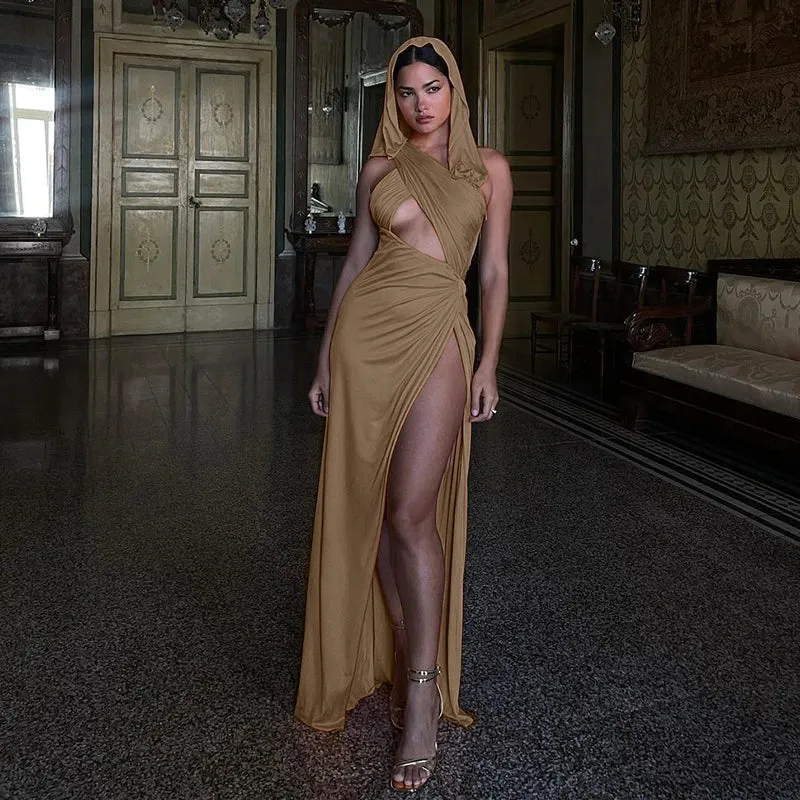 Grunge Fashion Hooded Sexy Long Dress Ladies Folds Backless Irregular Evening Party Dresses Side Slit Bandage Outfits
