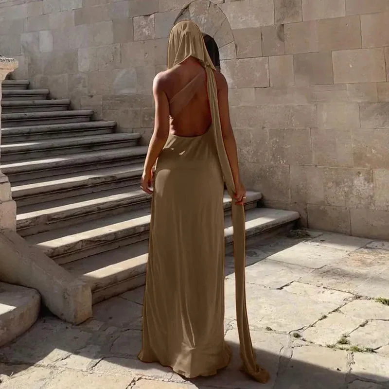 Grunge Fashion Hooded Sexy Long Dress Ladies Folds Backless Irregular Evening Party Dresses Side Slit Bandage Outfits