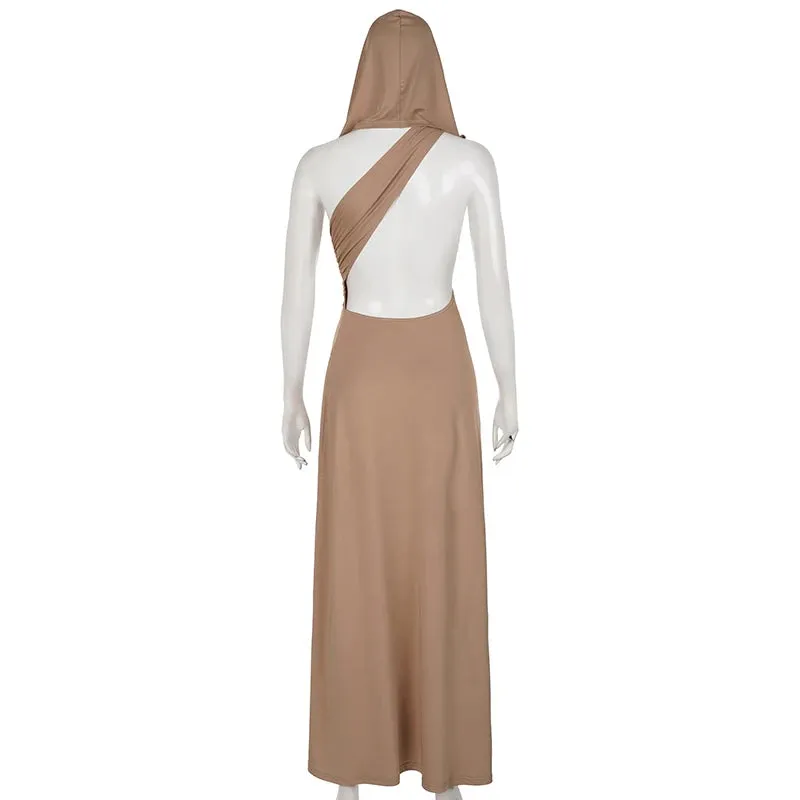 Grunge Fashion Hooded Sexy Long Dress Ladies Folds Backless Irregular Evening Party Dresses Side Slit Bandage Outfits