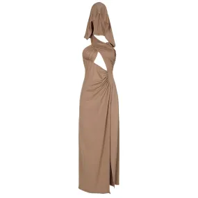 Grunge Fashion Hooded Sexy Long Dress Ladies Folds Backless Irregular Evening Party Dresses Side Slit Bandage Outfits