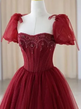 Handmade Retro Princess Tulle Embellished Red Prom Evening Dress