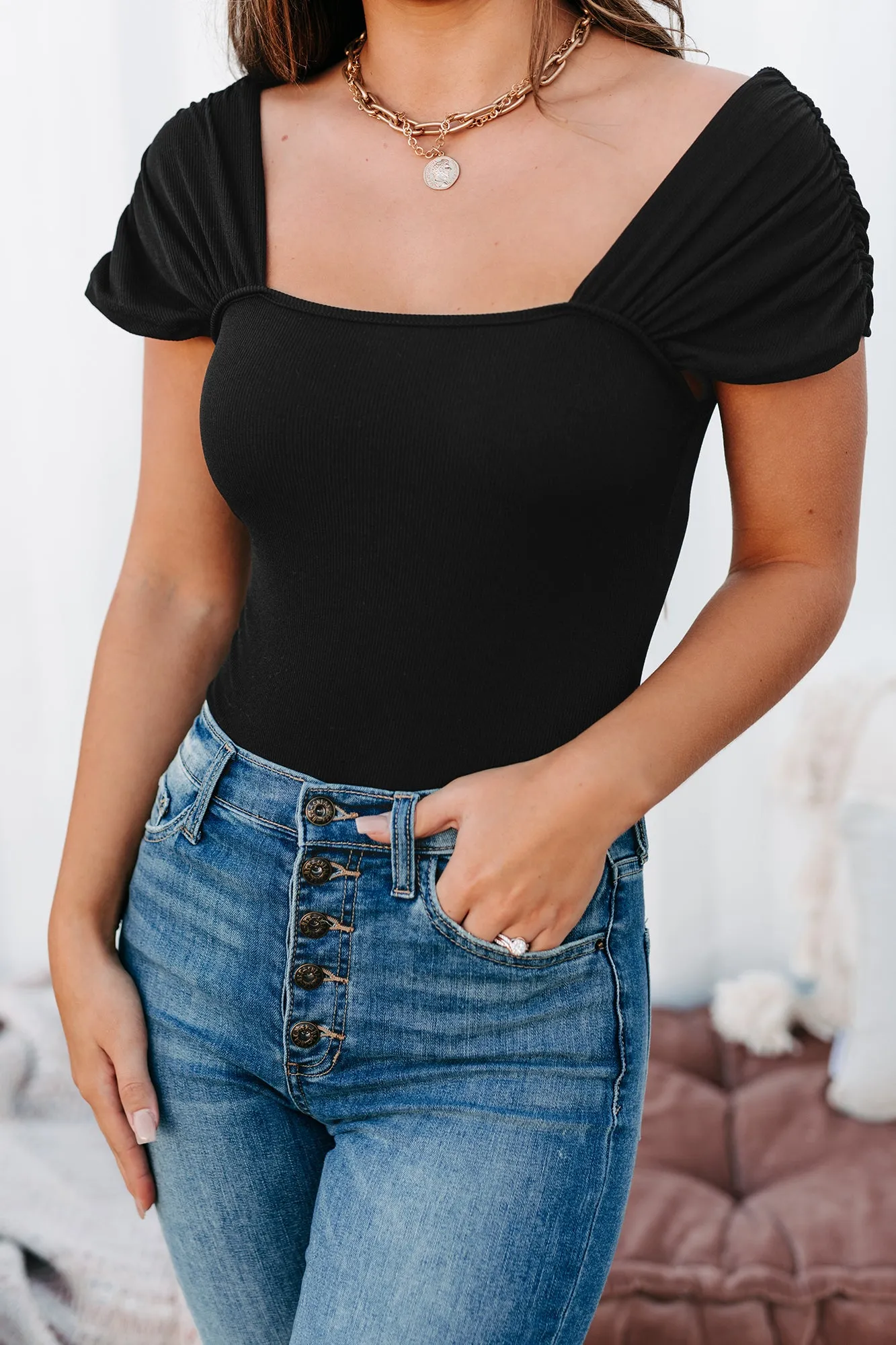 Heard It All Before Ribbed Ruched Strap Bodysuit (Black)