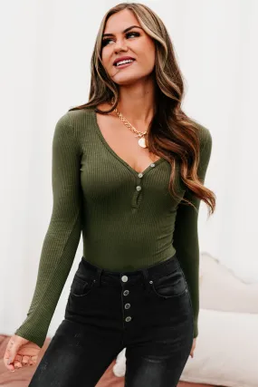 Hoda Long Sleeve Henley Bodysuit (Olive)