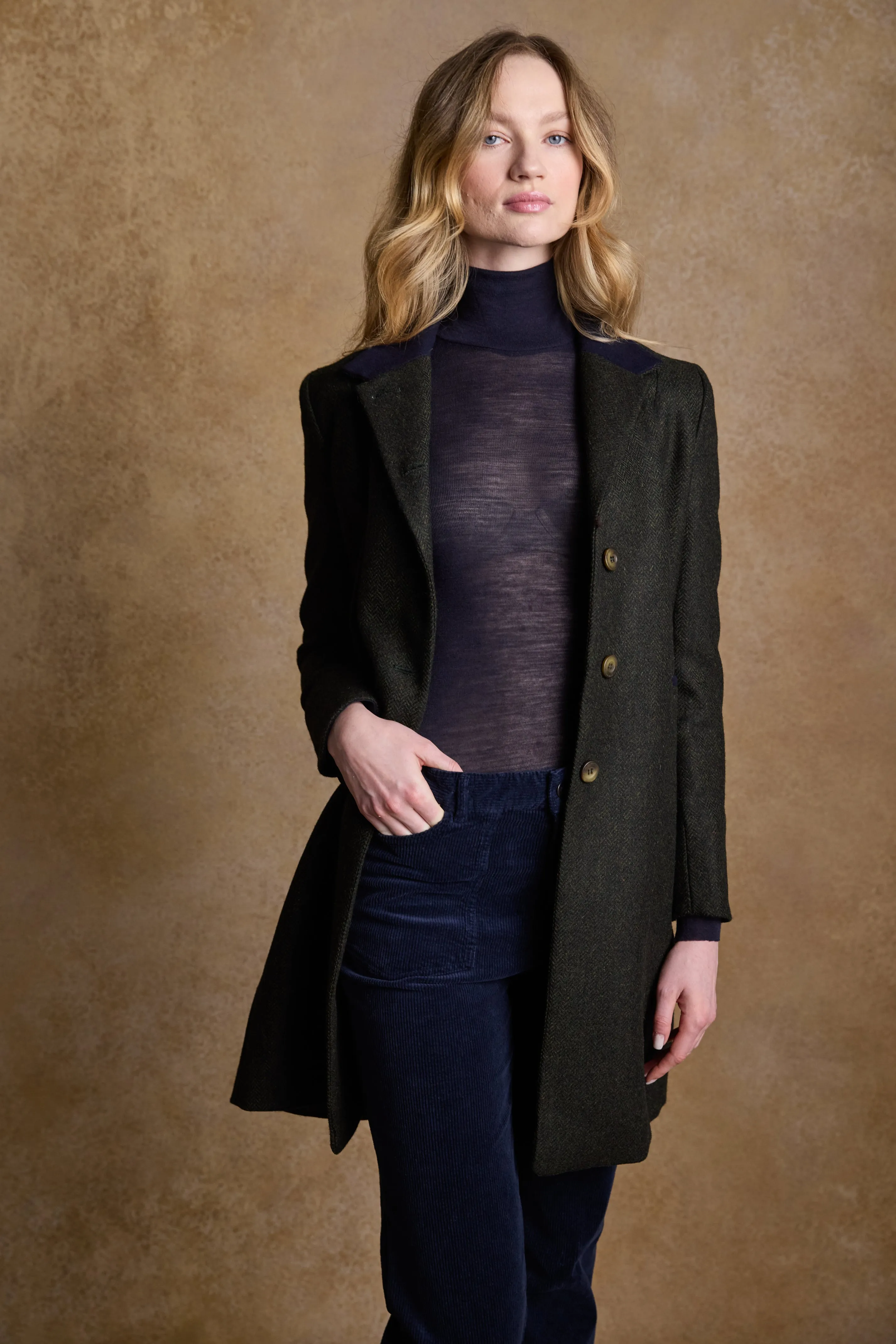 Isabella Tweed Coat - Green Herringbone