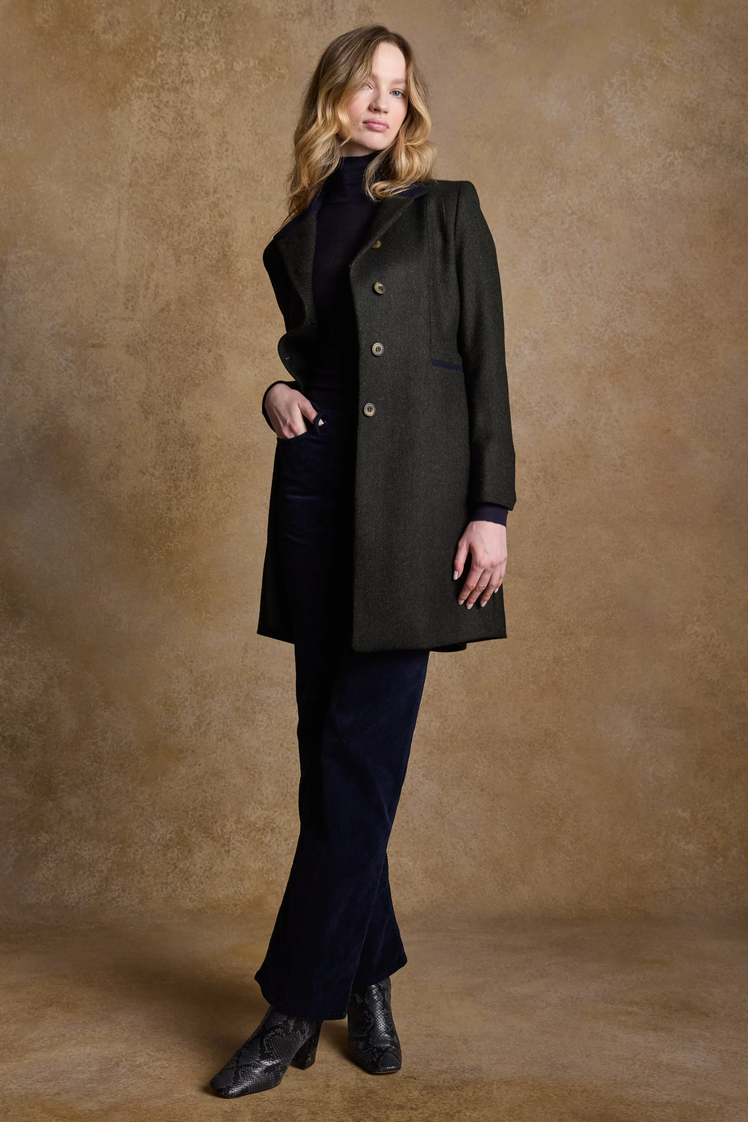 Isabella Tweed Coat - Green Herringbone