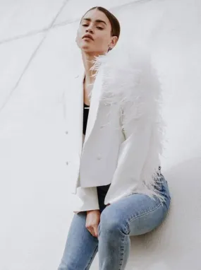 Ivory Feather Accented Asymmetrical Blazer