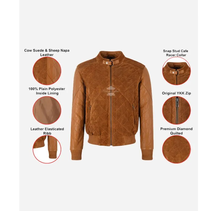 JAMES Diamond Quilted Leather Bomber Jacket Suede Body Leather Sleeves Men's Leather Jacket
