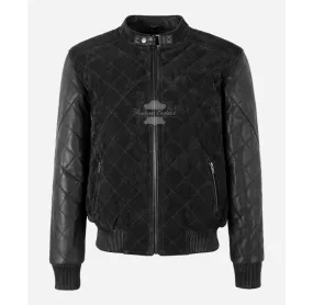 JAMES Diamond Quilted Leather Bomber Jacket Suede Body Leather Sleeves Men's Leather Jacket