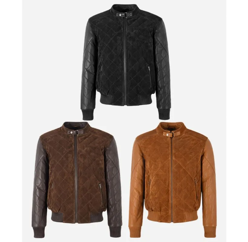 JAMES Diamond Quilted Leather Bomber Jacket Suede Body Leather Sleeves Men's Leather Jacket