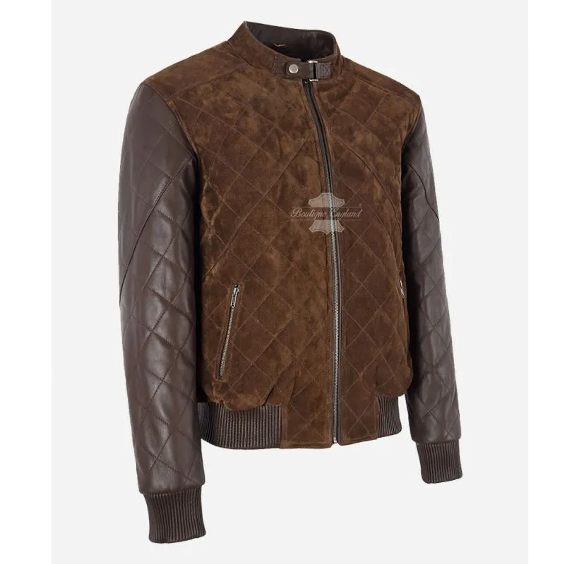 JAMES Diamond Quilted Leather Bomber Jacket Suede Body Leather Sleeves Men's Leather Jacket