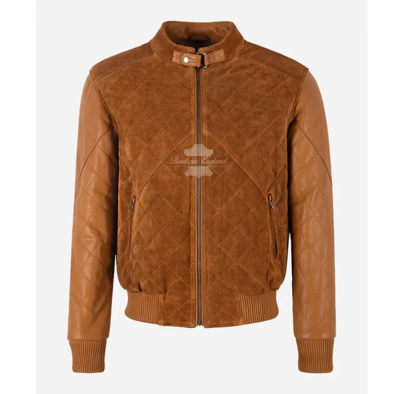 JAMES Diamond Quilted Leather Bomber Jacket Suede Body Leather Sleeves Men's Leather Jacket