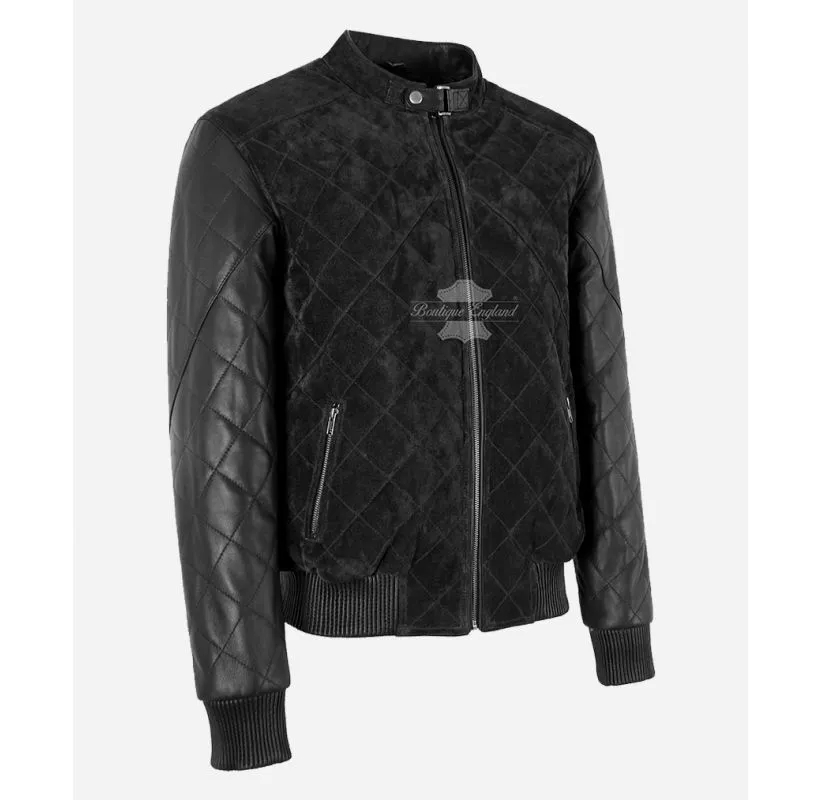 JAMES Diamond Quilted Leather Bomber Jacket Suede Body Leather Sleeves Men's Leather Jacket