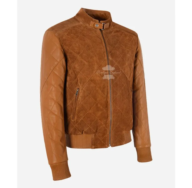 JAMES Diamond Quilted Leather Bomber Jacket Suede Body Leather Sleeves Men's Leather Jacket