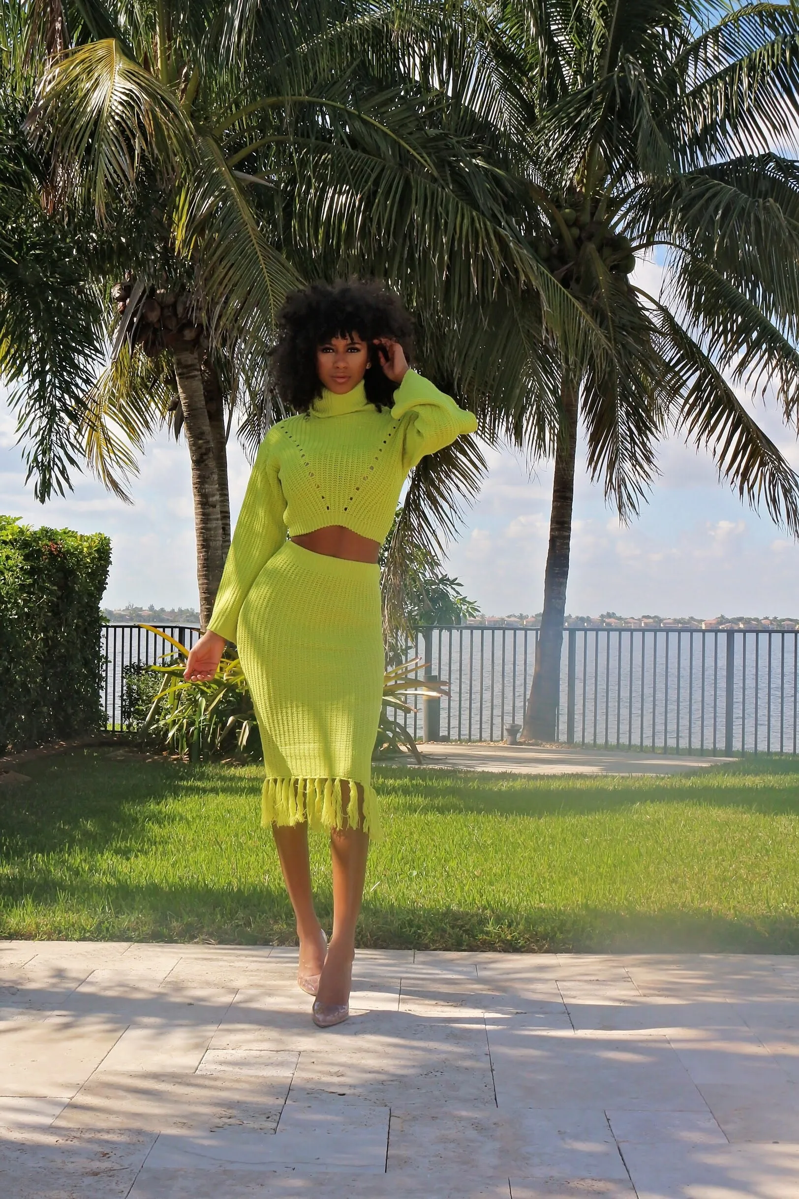 knitted Sweater Skirt Set- Lime