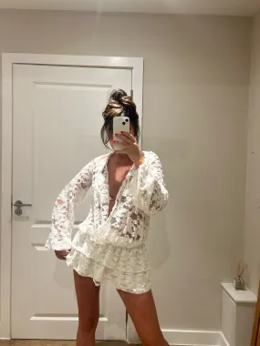 Lace Ruffle Mini V Neck Dress