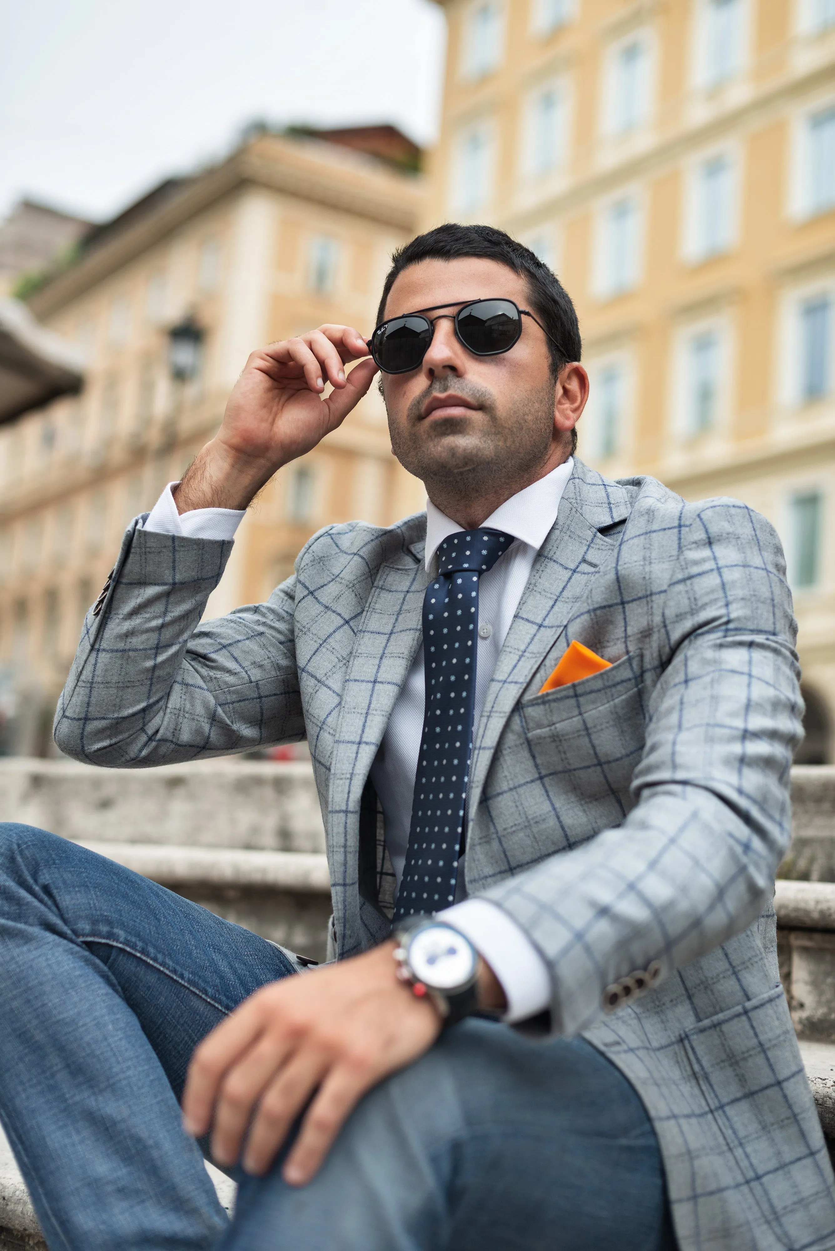 Light Grey/Blue Windowpane Wool Blazer by Marlane