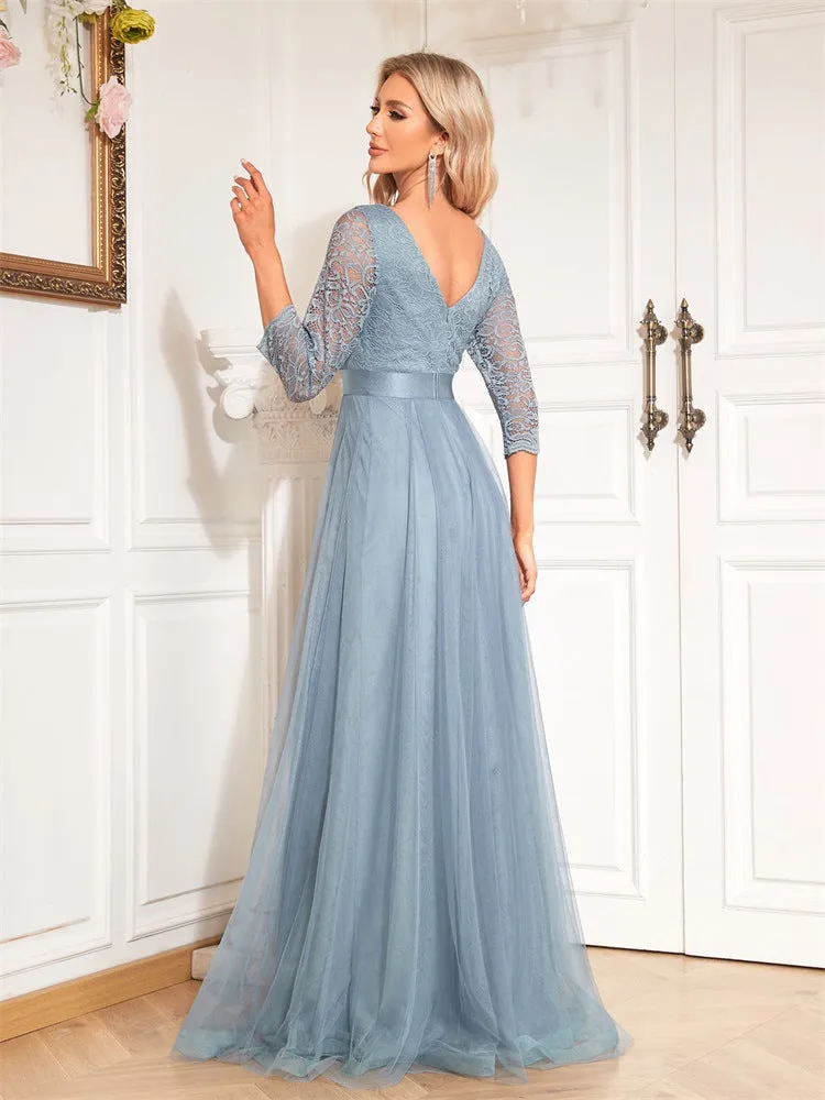 Long Sleeve Backless Lace Tulle Evening Dress