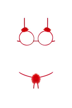 Magic Silk Marabou Cupless & Crotchless Bra & Panty Set Red