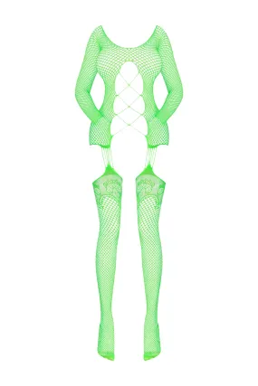 Magic Silk Seamless Fishnet Gartered Catsuit Lime One Size