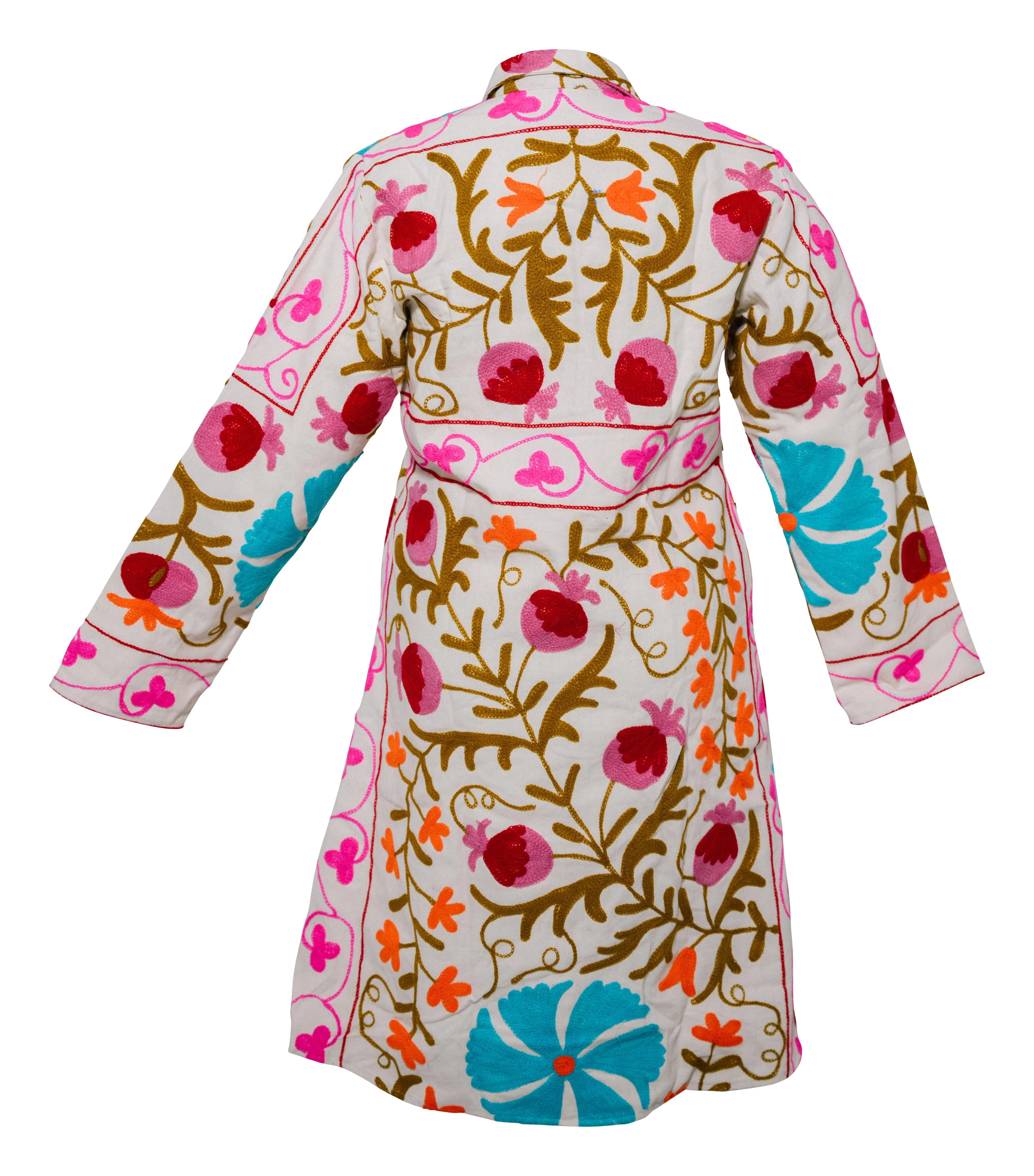 MALIKA COAT - Suzani Embroidery PINK & TURQ on White