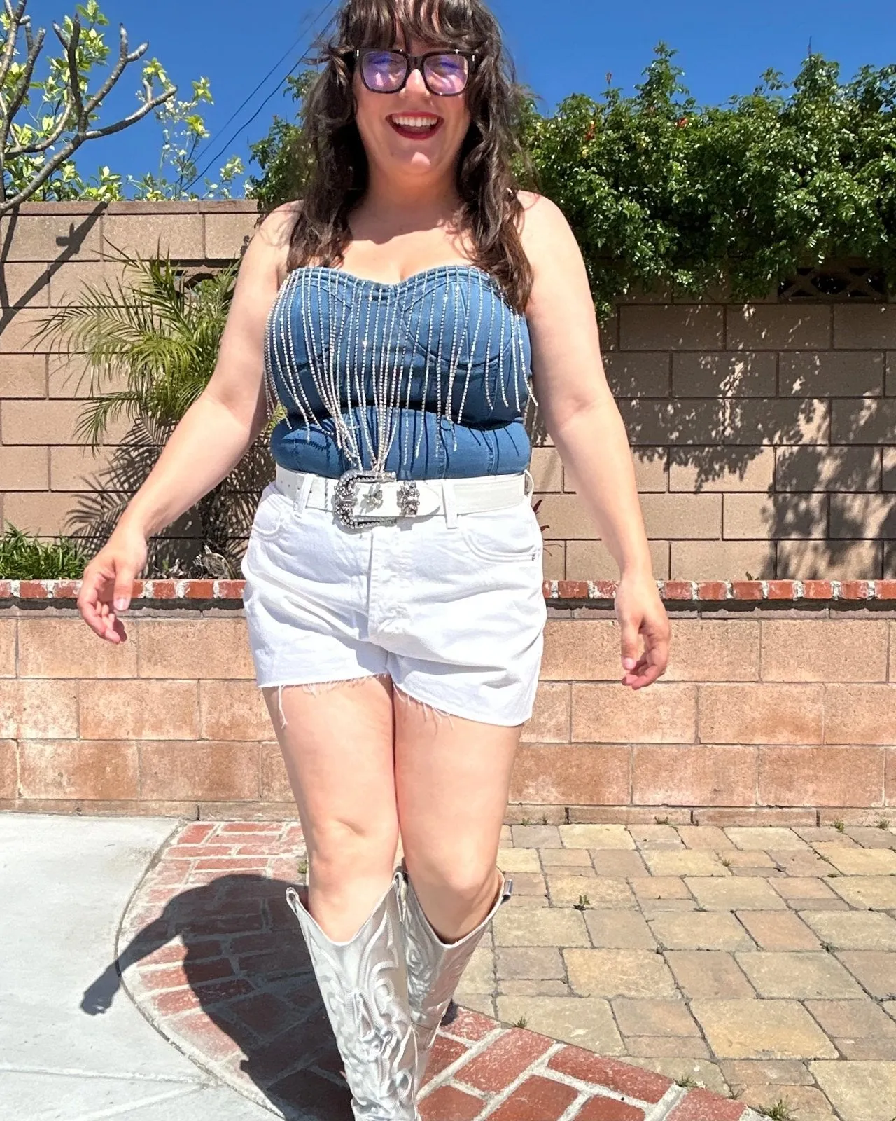 Medium Wash Rhinestone Fringe Strapless Denim Bodysuit