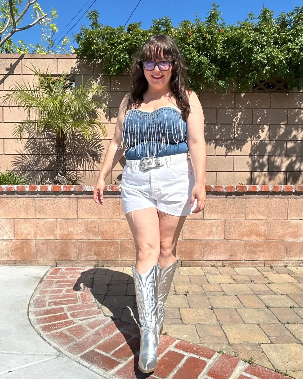 Medium Wash Rhinestone Fringe Strapless Denim Bodysuit
