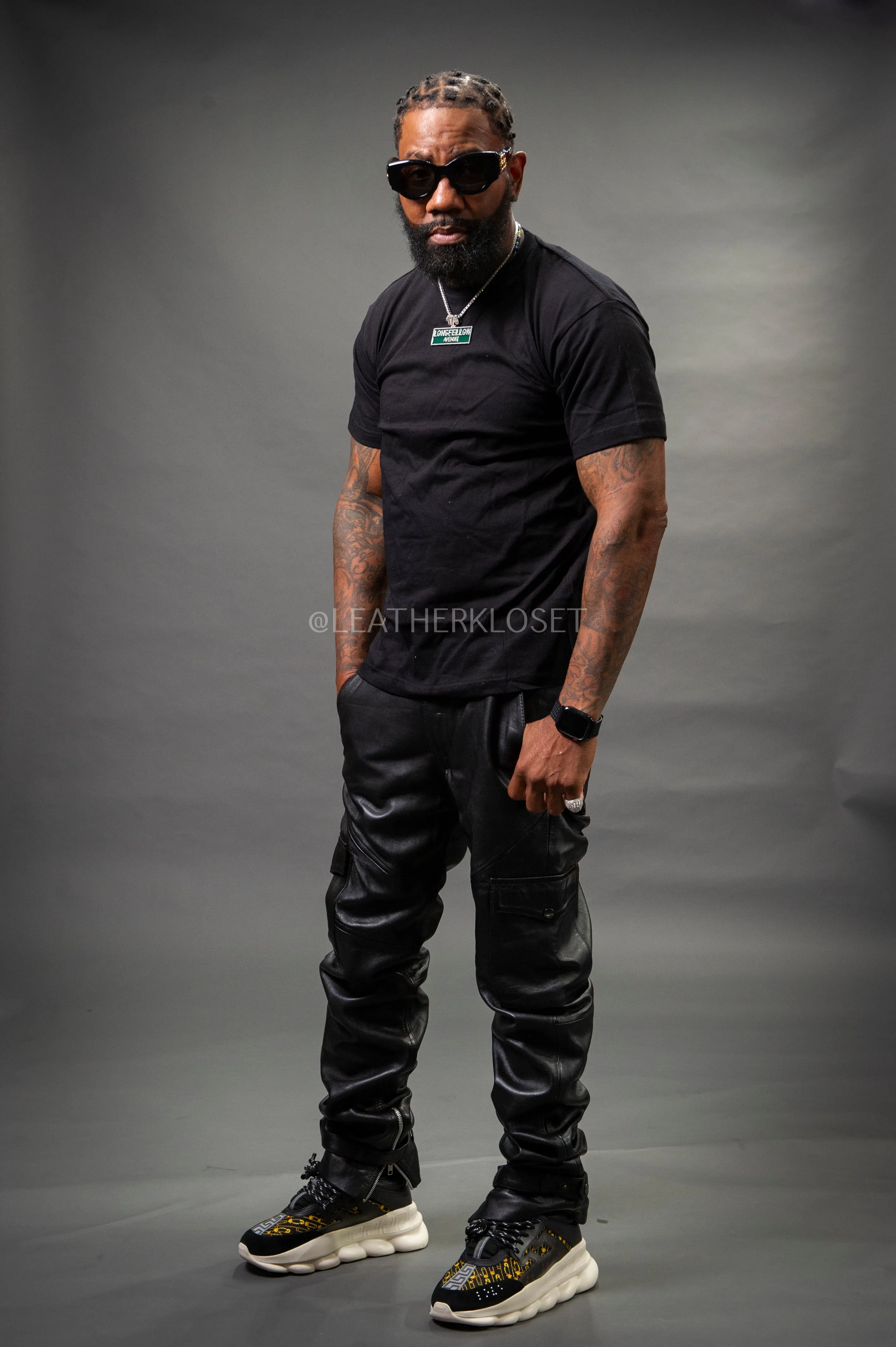 Men's Leather Stack Jean Pants [Black]