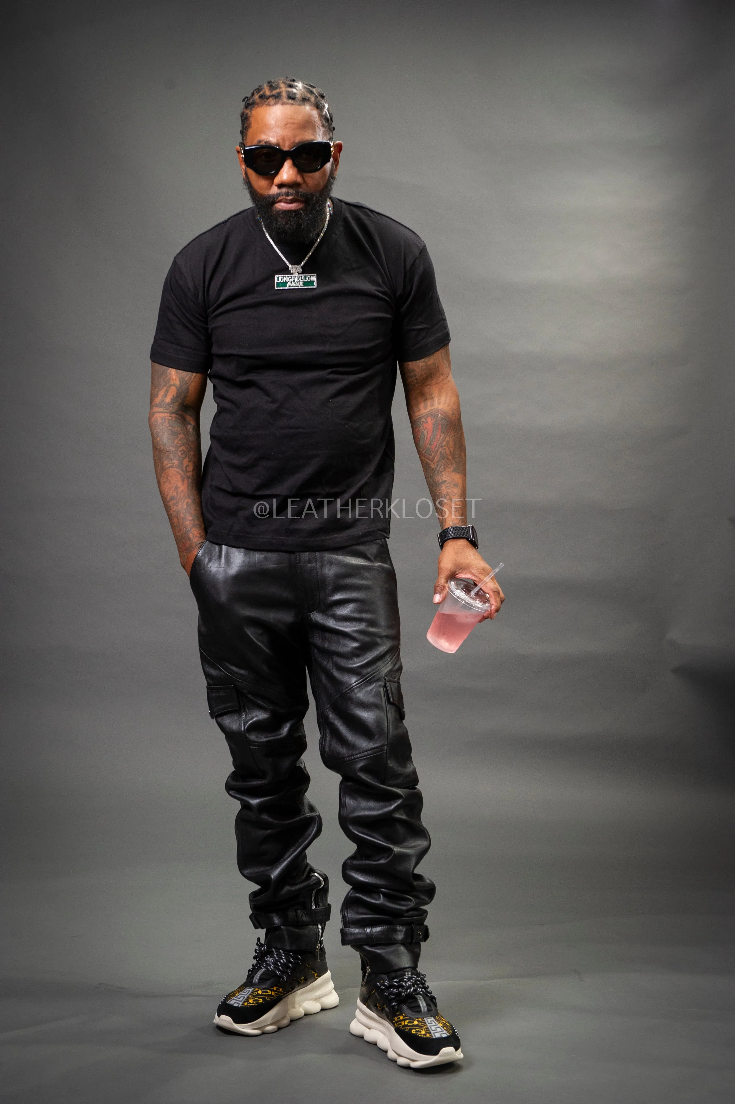 Men's Leather Stack Jean Pants [Black]