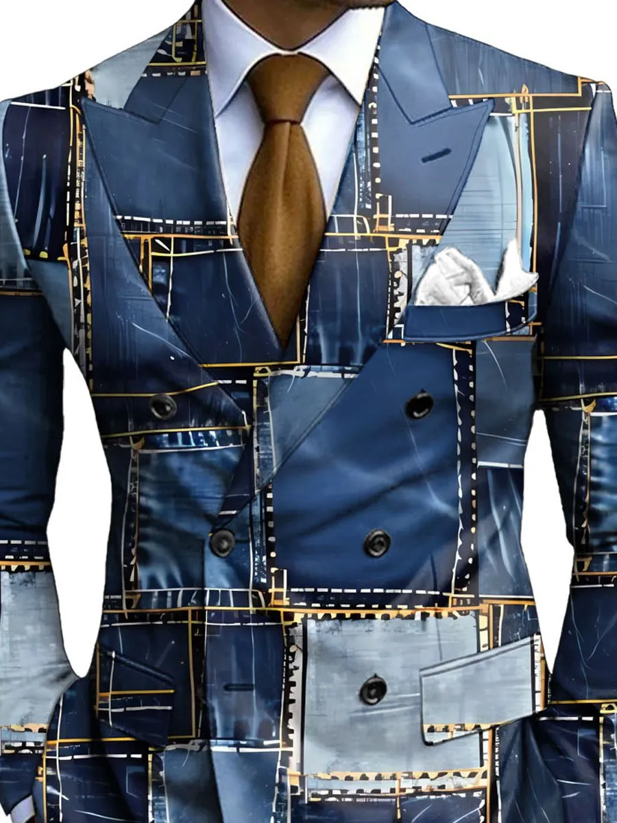 Men's Retro Denim Print Double Breasted Casual Blazer