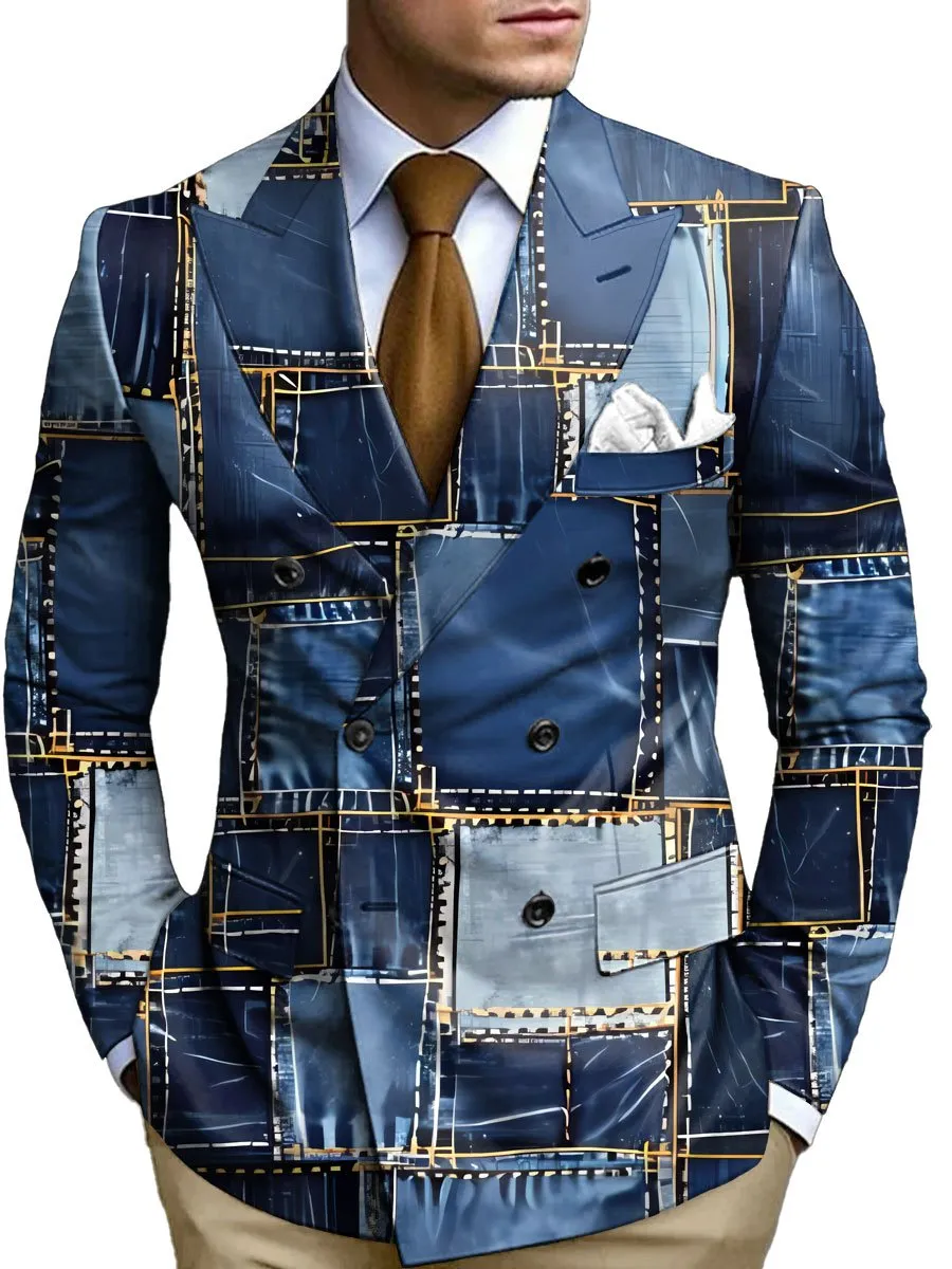 Men's Retro Denim Print Double Breasted Casual Blazer