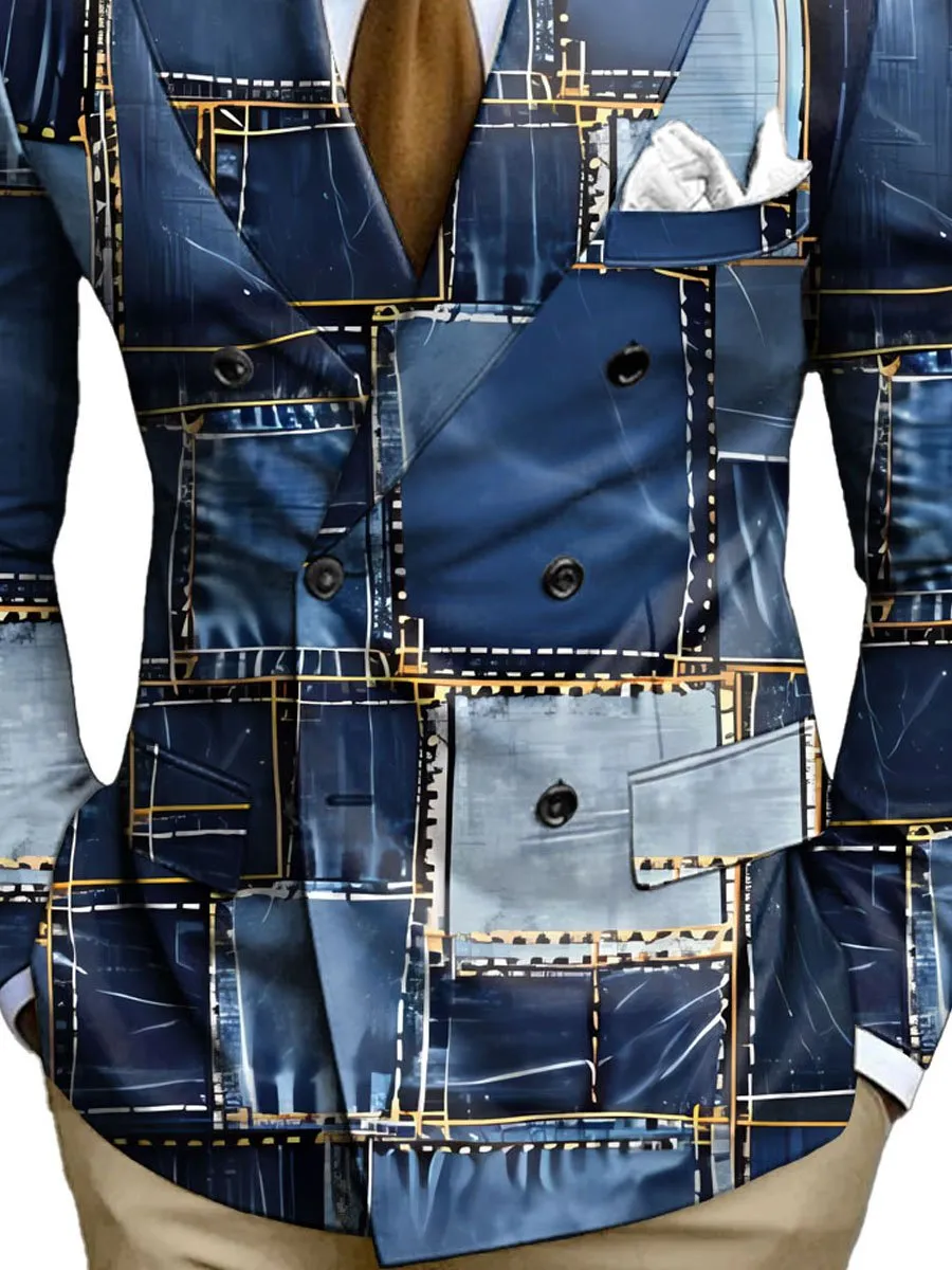 Men's Retro Denim Print Double Breasted Casual Blazer