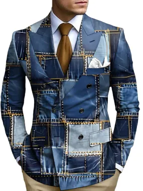 Men's Retro Denim Print Double Breasted Casual Blazer