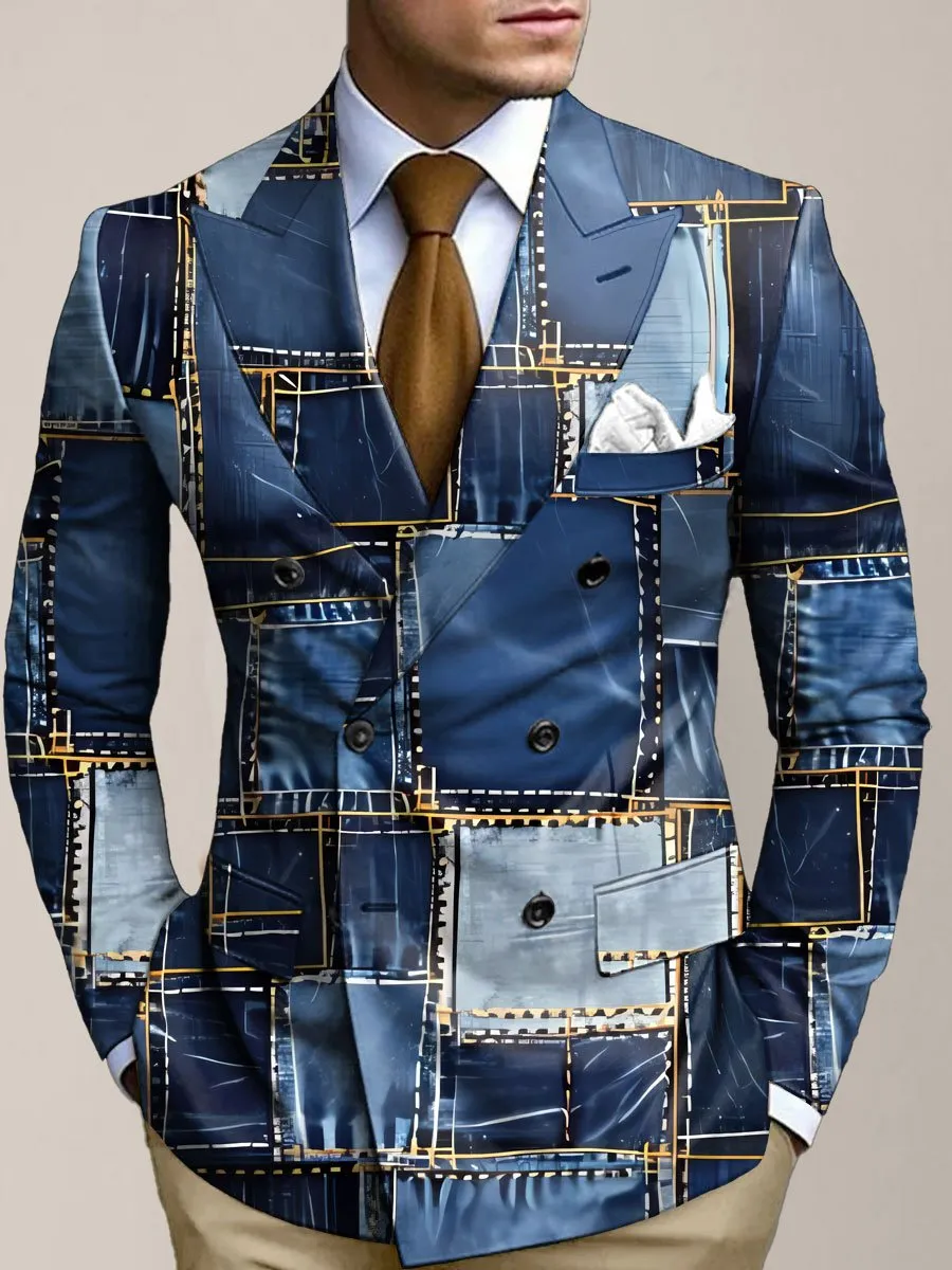 Men's Retro Denim Print Double Breasted Casual Blazer