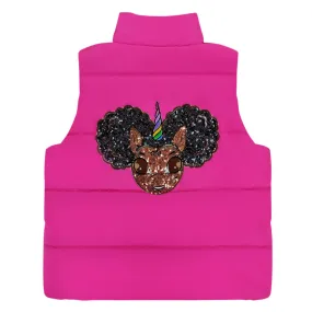 New Arrival: Puffer Vest with Afro Puff Unicorn Studded Sequin Logo Patch - Rose Pink