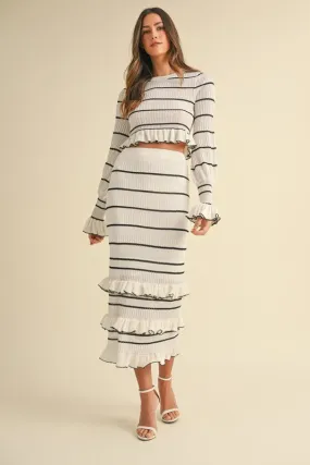 NEWEST ARRIVAL White/Black Striped Tiered Midi Skirt Set