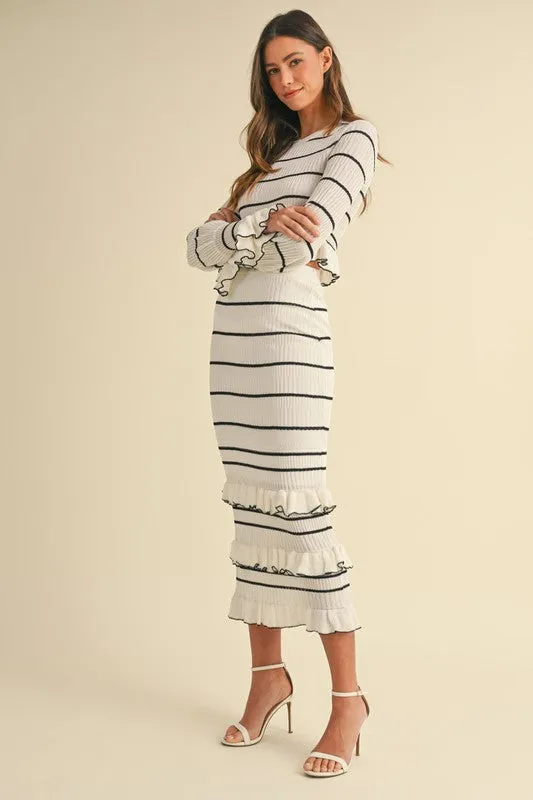 NEWEST ARRIVAL White/Black Striped Tiered Midi Skirt Set