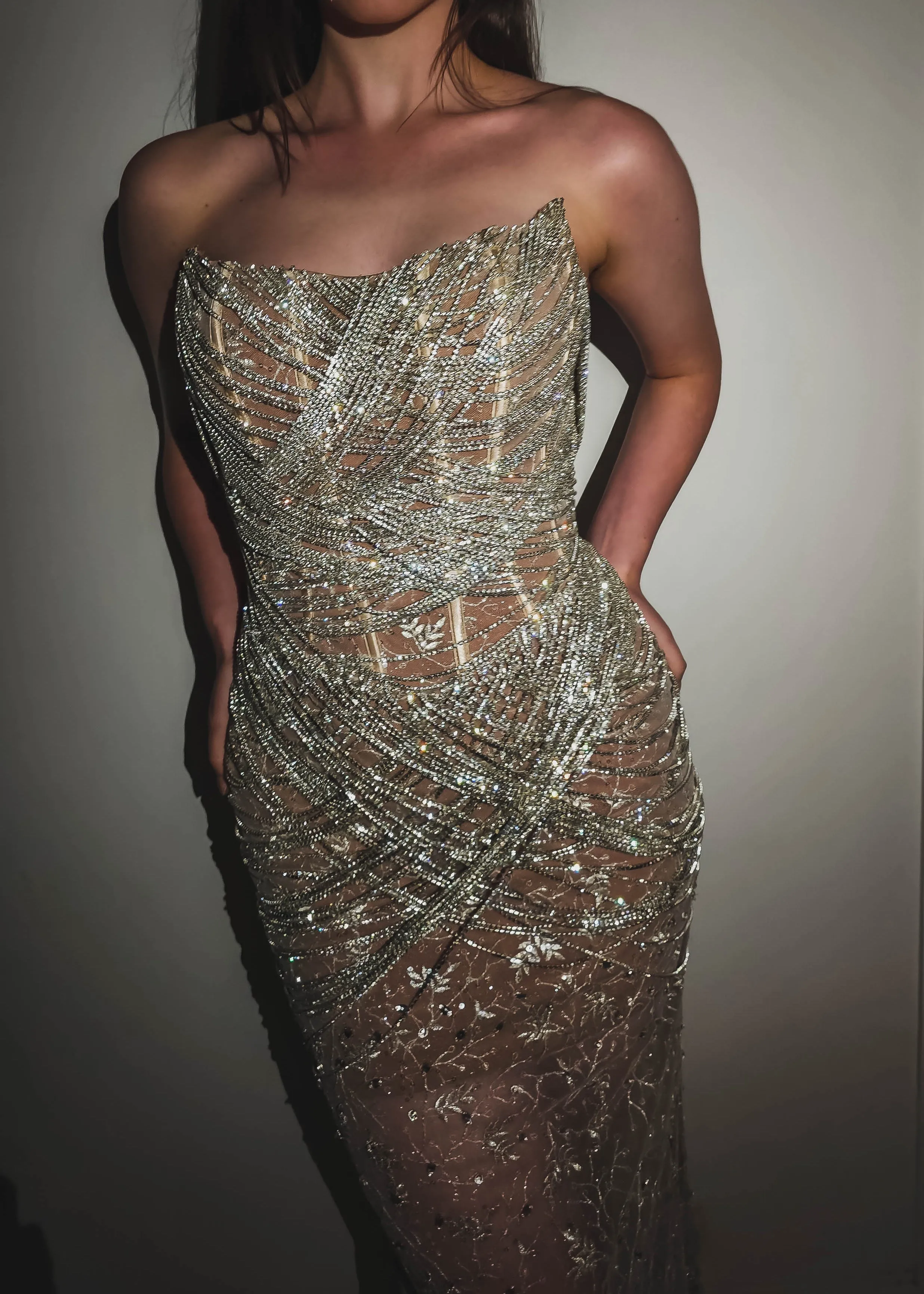 Nude sheer leg crystal chain dangling mermaid dress