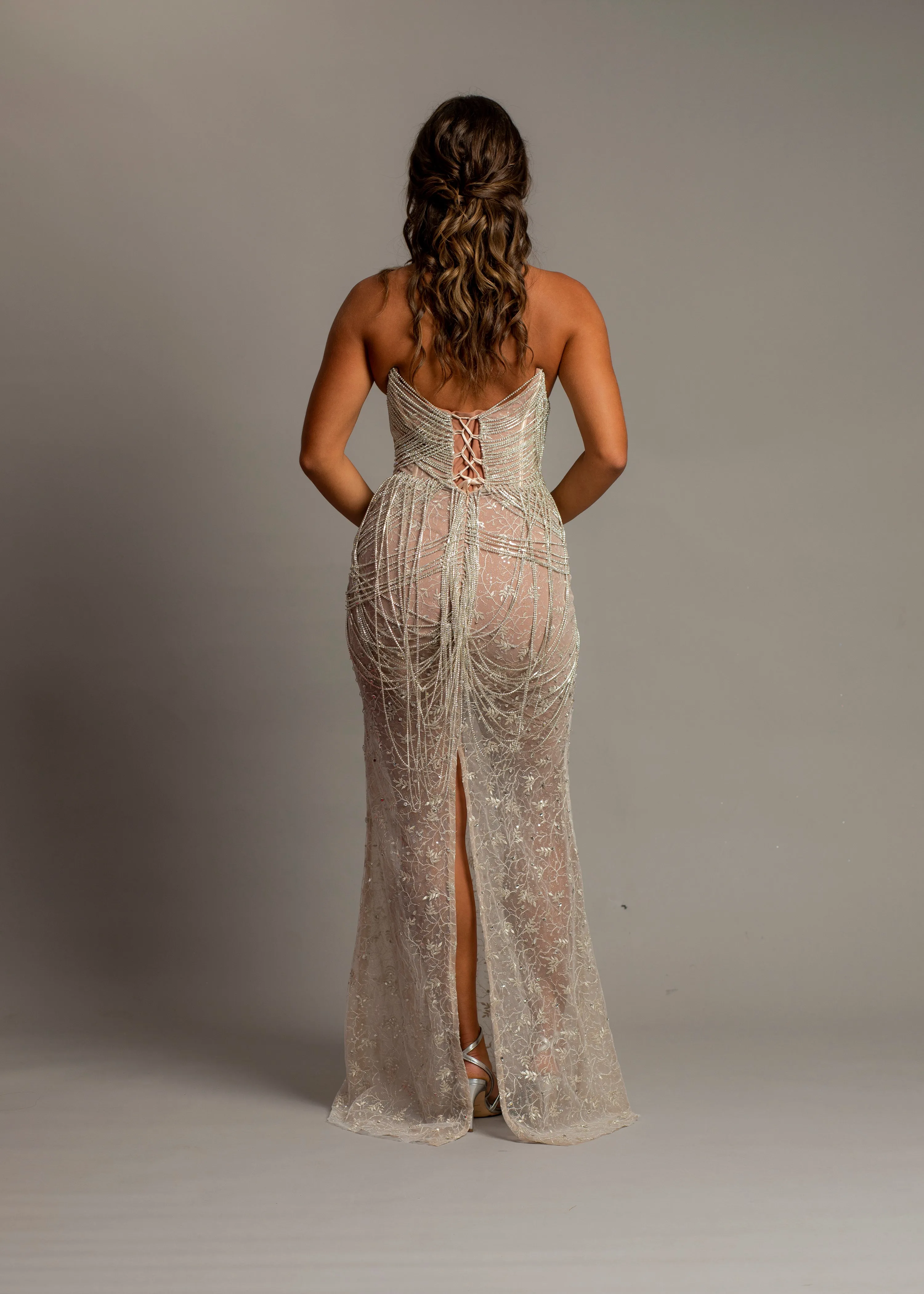 Nude sheer leg crystal chain dangling mermaid dress