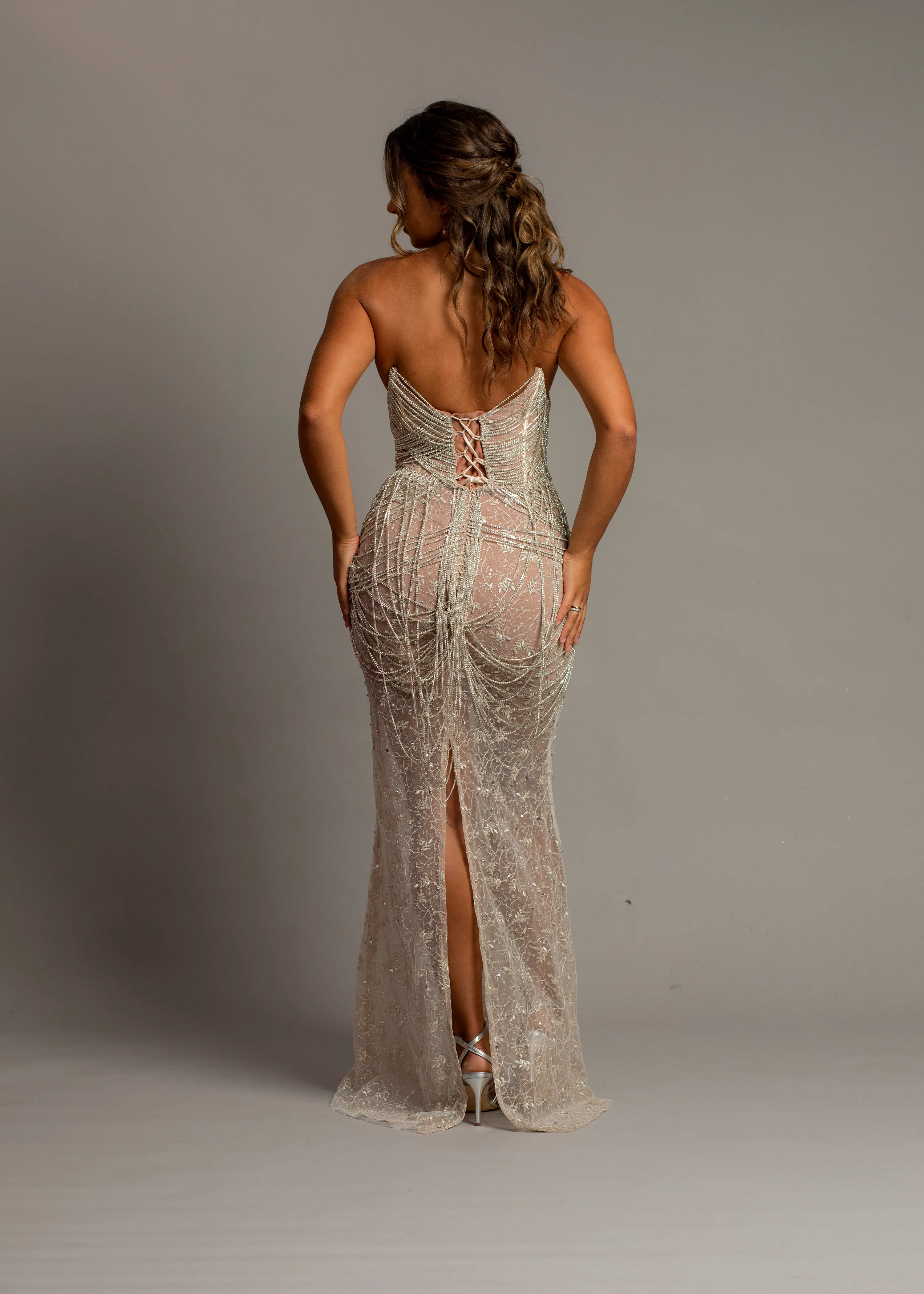 Nude sheer leg crystal chain dangling mermaid dress