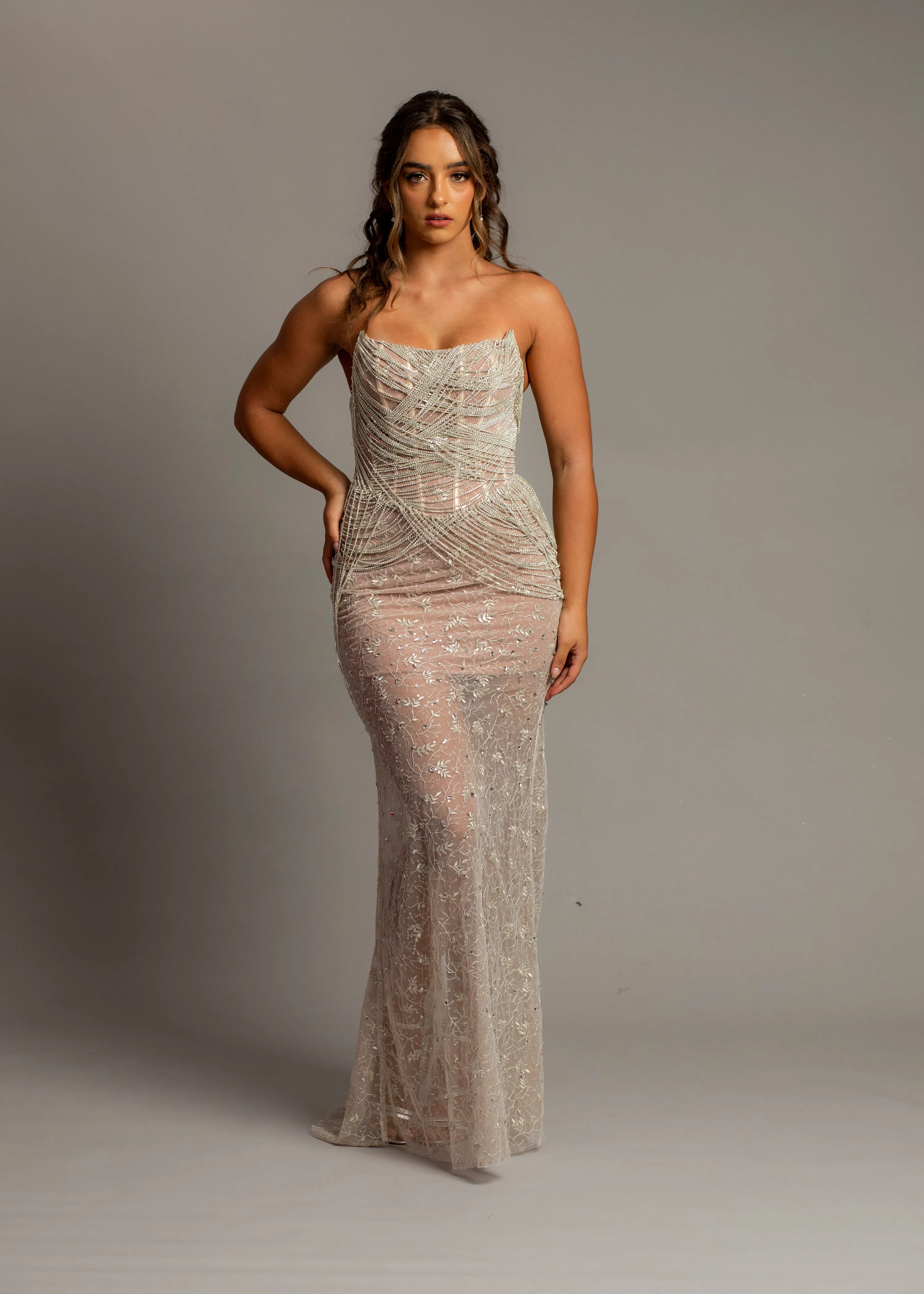 Nude sheer leg crystal chain dangling mermaid dress